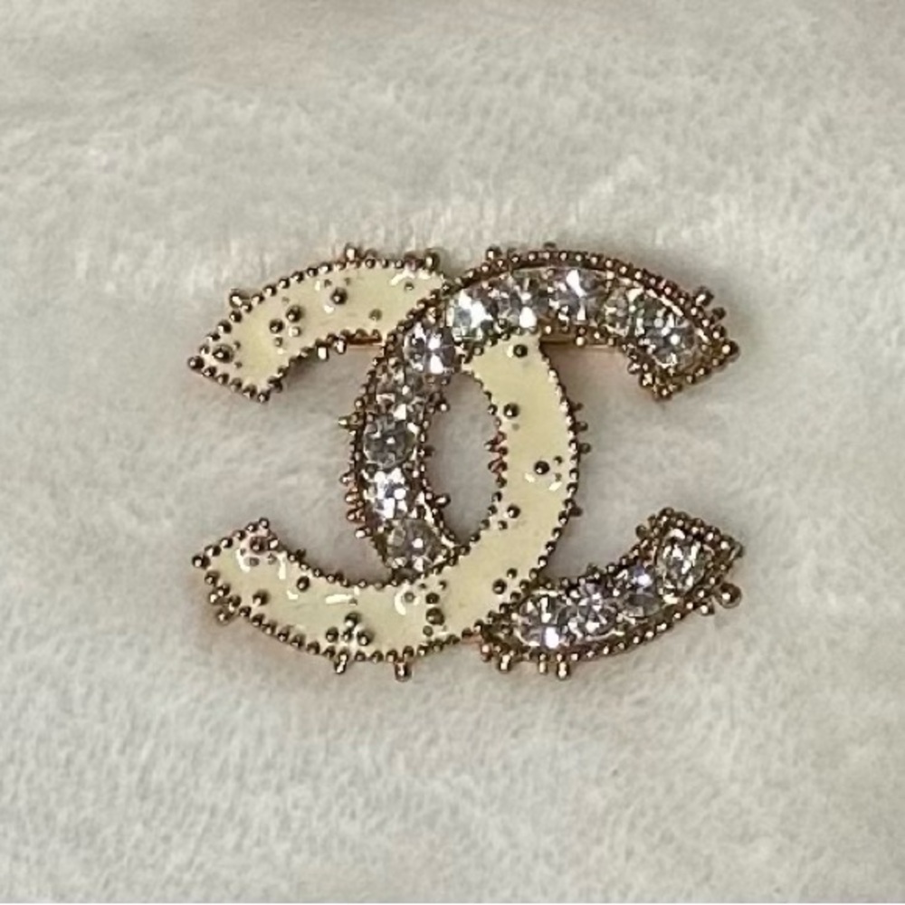 CHANEL GoldTone Enamel Rhinestone Crystal CC Brooch